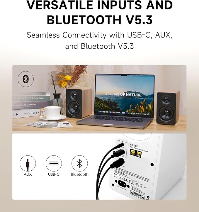 Edifier M60 Multimedia Speaker Bluetooth 5.3 66W RMS Hi-Res Audio &amp Hi-Res Wireless Audio LDAC3 Mid Bass &amp 1 Tweeter USB-C &amp Aux Inputs Compact Desktop Speaker – Classic Oak
