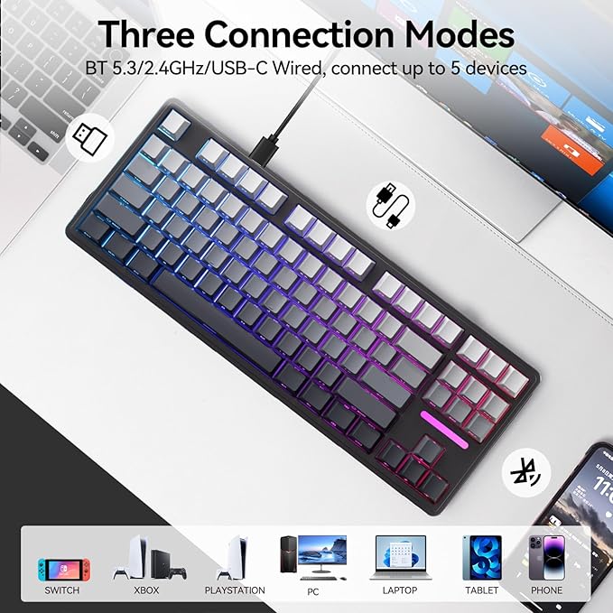 AUSDOM H87 Wireless Mechanical Keyboard 10000mAh Battery Gasket Hot Swappable Custom Keyboard with RGB Backlit Side Printed PBT Keycaps Tri-Mode BT5.3/2.4GHz/USB-C Gaming Keyboards Black Grey