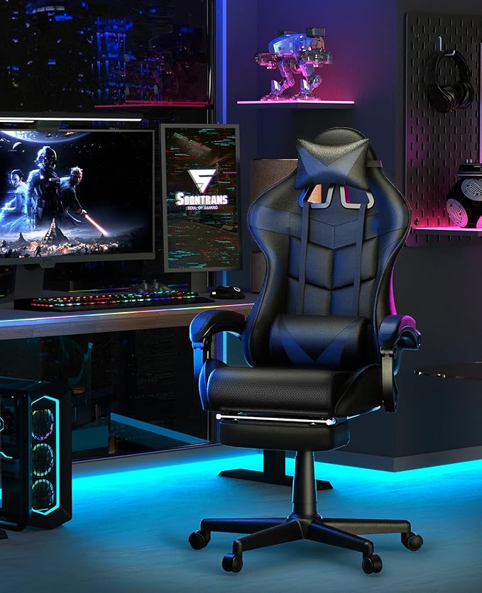 Soontrans Black Gaming Chairs with Footrest Ergonomic Gamer Chair Home Office ChairPC Computer Chair with Headrest and Lumbar Support(Dark Black)