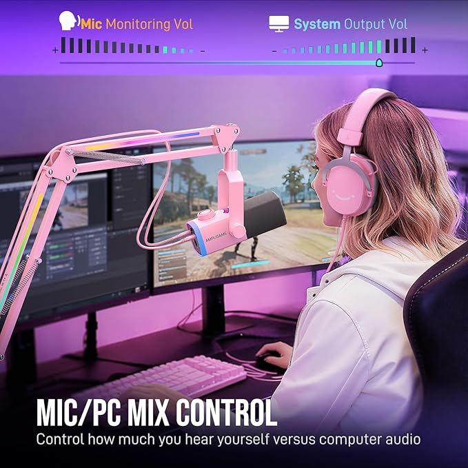 FIFINE XLR/USB Gaming Microphone Kit with Boom Arm Stand RGB Streaming Mic for Computer Compatible with PC/PS4/PS5 Podcast Mic Set with Headphone Jack Volume Knob Mute-AmpliGame AM8PROT Pink