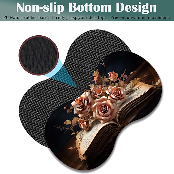 Large Game Mouse Pad + Wrist Support Pad + Coffee Coaster Desk Pad with Sewn Edges Anti-Slip Set pad Suitable for Office Work and Home - Flower Book
