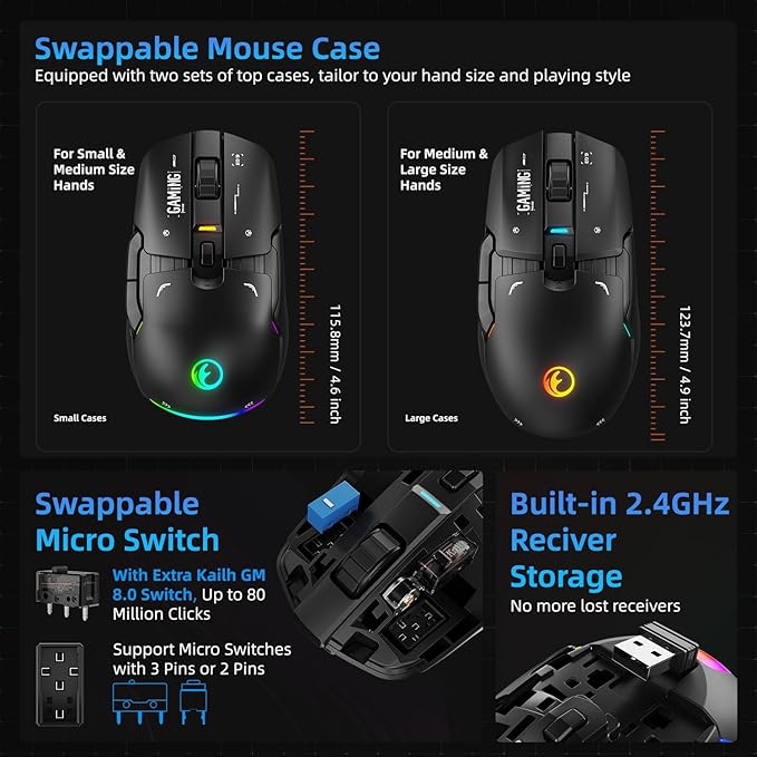 G03 RGB Wireless Rechargeable Gaming Mouse 2.4G/Wired Dual Mode Game MicePAW3395 Sensor 26K DPI Replaceable L/R Switches Swappable Top Case 80g Lightweight 6 Programmable Buttons - Black