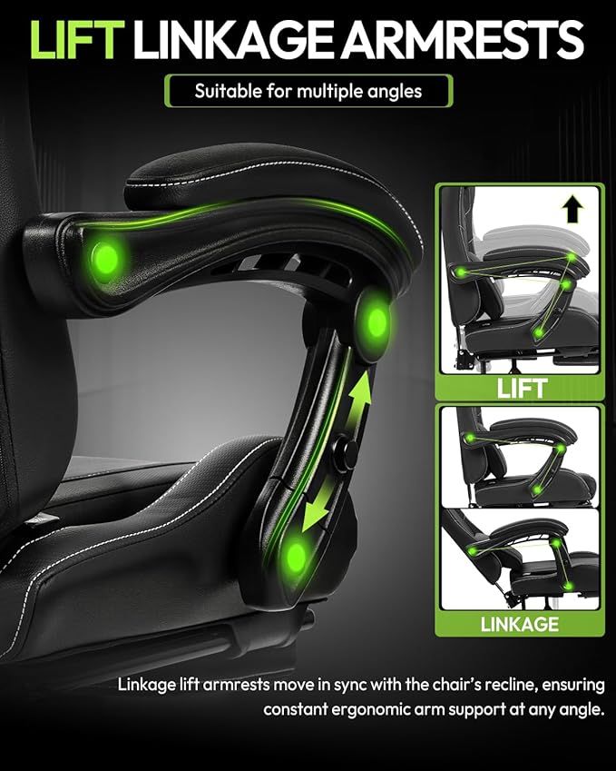 Dowinx Ergonomic Gaming Chair with Footrest &amp Massage Lumbar 2D-Linkage Armrests for Computer Chair 330lbs with Headrest Pillow for Office Home Streaming and Long Gaming Sessions Black