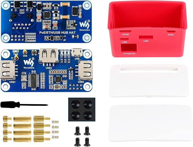 PoE Ethernet/USB HUB HAT Board with ABS Case Box for Raspberry Pi Zero 2W/2WH/Zero PoE 802.3af-Compliant Ethernet Port and 3X USB 2.0 Ports Compatible with USB 2.0/1.1