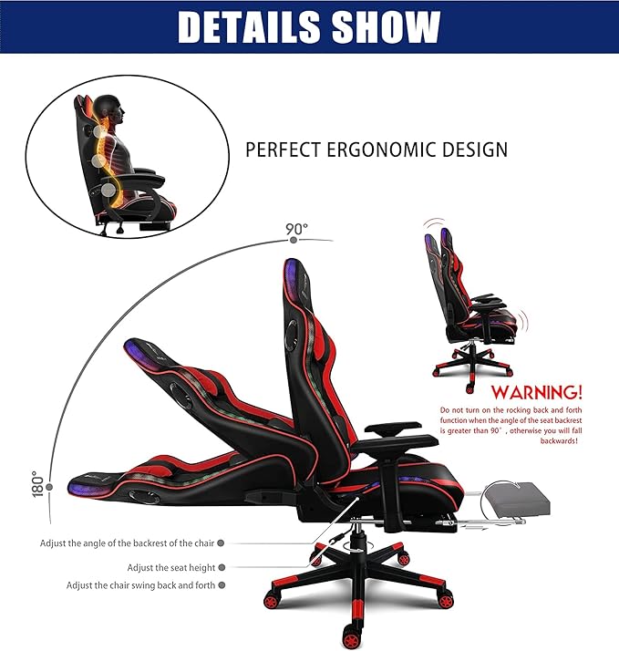 Massage Gaming Chair with Speaker Ergonomic Gaming Chair with Footrest and RGB Light PU Leather Video Gaming Chair Home Theater Seat 360° Rotating Gaming Chair.Red
