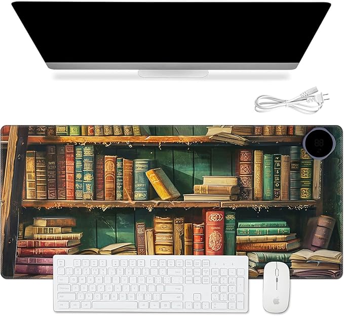 Warm Desk Pad Warm Mouse Pad Gaming Office Desk Matwith 3 Levels Heated &amp 3 Hours Auto Shut - 31.5 x 13 inch PU Leather Laptop Keyboard Mat for Home Office Hand WarmerLibrary Bookshelf