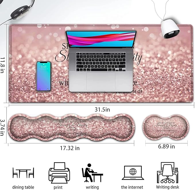 Large Gaming Mouse PadExtended Office Desk MatWaterproof Desk Writing Pad for Office/Home Ergonomic Mouse &ampKeyboard Wrist RestProverbs 31:25 Bible Verse Laptop Desk Pad Pink Mousepad Wrist Supp