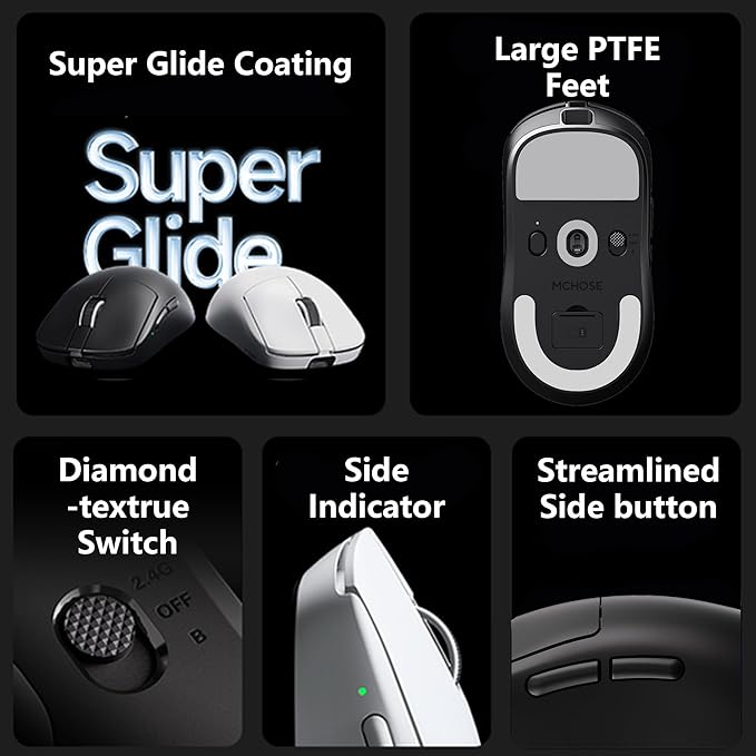 MCHOSE A7 V2 Pro Wireless Gaming Mouse Tri-Mode Connection 59 Grams PAW3395 26K DPI Sensor Wired 8K/Wireless 1K Polling - White