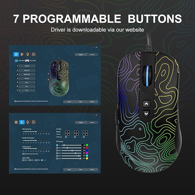 Womier G706 USB Wired Gaming Mouse for PC Computer Windows Mac Laptop Lightweight Silent RGB Backlit Mouse with Adjustable 12000DPI/7 Programmable Side ButtonsTopographic Theme (Black Topographic)