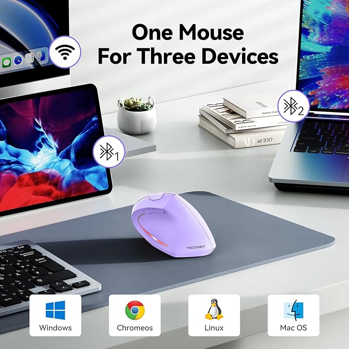 TECKNET Ergonomic Mouse Wireless Bluetooth Vertical Mouse 4800 DPI Optical Tracking 6 Adjustable DPI Quiet Clicks 2.4GHz with USB A Receiver 12 Months Battery 6 Buttons Wide Compatibility