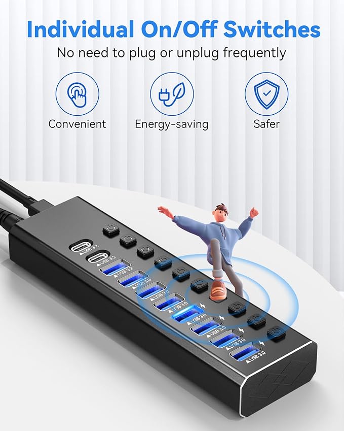 Powered USB Hub 3.210-Port USB 3.2/USB C Hub (10Gbps USB-A 3.2 +2 USB-C 3.2 +7 USB 3.0 Ports) with Individual On/Off Switches and 12V Power Adapter Aluminum USB Hub Powered for Laptop PC