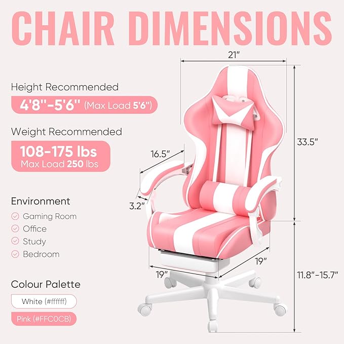 Ferghana Gaming Chairs Ergonomic Racing Style PC Game Computer Chair with Headrest Lumbar Support Adjustable Recliner PU Leather Video Computer Chair(Pink)