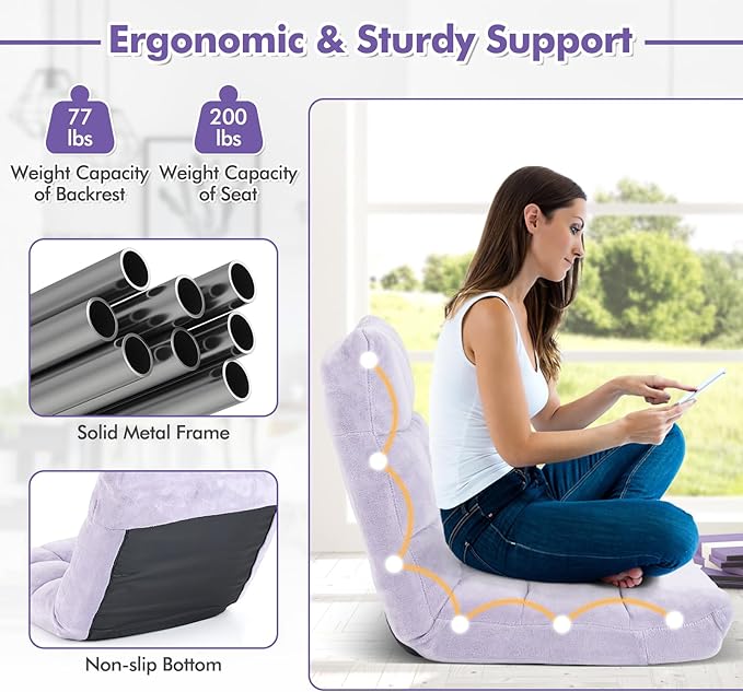 COSTWAY Floor Chair Video Gaming Chairs with Back Support Adjustable 14-Position Alloy Steel Frame Soft Coral Fleece Lazy Sofa Lounge for Reading Living Room Recliner for Adults Kids (Lavender)