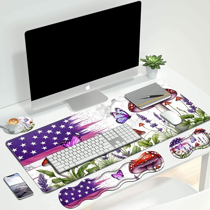 4 in 1 Ergonomic Keyboard Wrist Rest &amp Mouse Pad Wrist Rest Set Large XXL Gaming Desk Mat 31.5x 11.8 with Non-Slip Base Memory Foam for Home Office Study Gaming American Flag Mushroom Butterf