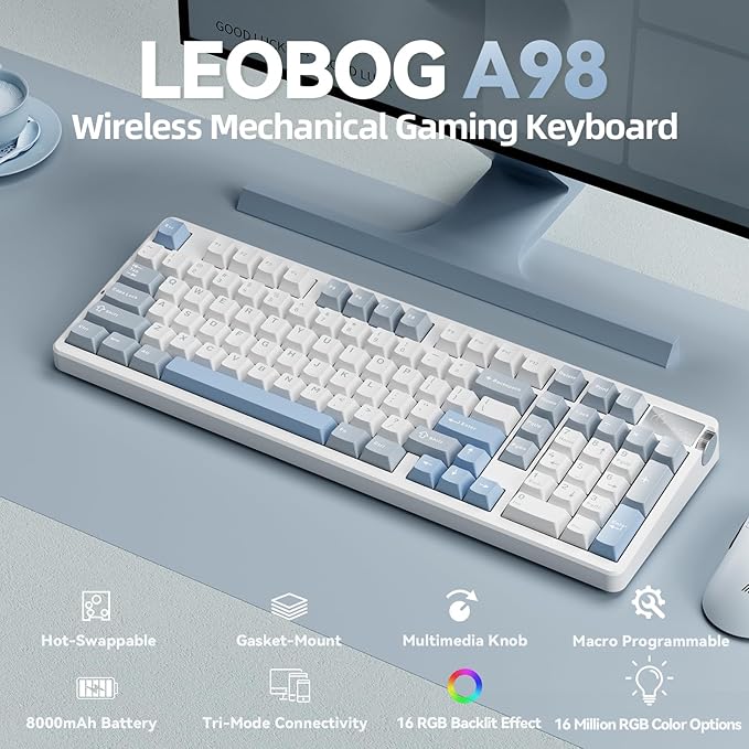 LEOBOG A98-96% Mechanical Keyboard Wireless Tri-Mode BT5.0/2.4GHz/USB-C Creamy Keyboard with Number Pad Gasket Structure Hot Swappable Custom Gaming Keyboard RGB Backlit with Knob for PC
