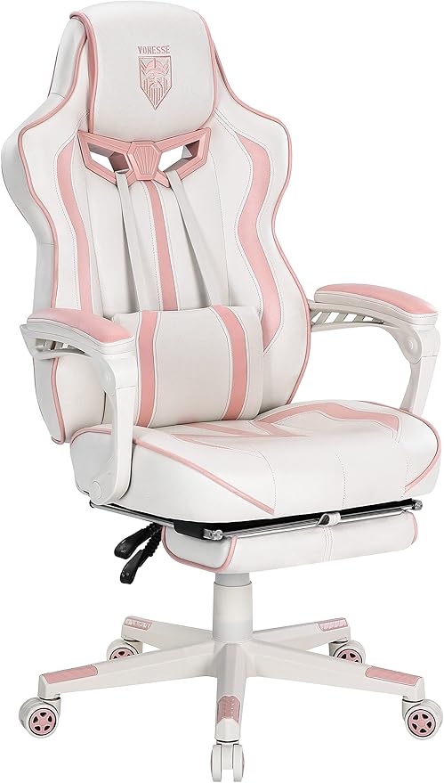 Vonesse Gaming Chair for Girls Pink Computer Gaming Chairs for Adults Reclining Gamer Chair with Footrest with Massage Ergonomic Home Office Chair High Back (White/Pink)