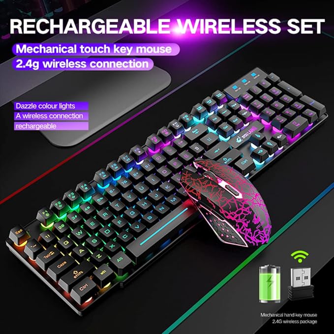 Wireless Gaming Keyboard and Mouse Combo Rechargeable 2.4G Keyboard Mouse with Rainbow Backlit Quiet Mechanical Feel 29-Key Anti-Ghosting 2400 DPI Mouse and Mouse Pad for PC Mac