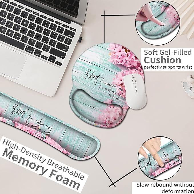 Mouse Pad with Wrist Support Ergonomic Gel Mouse Pad Beautiful FlowersPink Hyacinths on Wood PanelNon-Slip Durable Memory Foam Keyboard Wrist Rest Suitable for Office Typing Games