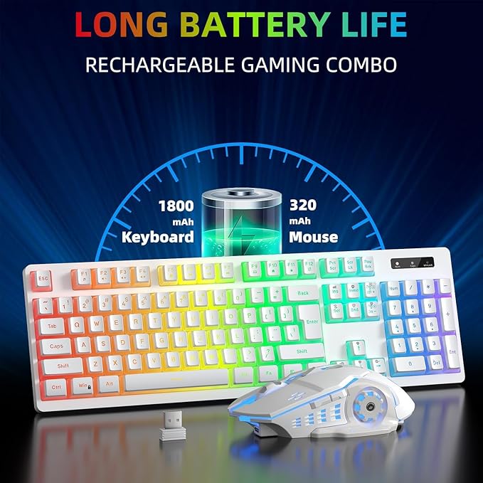 Wireless Gaming Keyboard and Mouse Combo - RGB Backlit Rechargeable Ergonomic for Gaming Work Long-Lasting Built-in Battery (White)