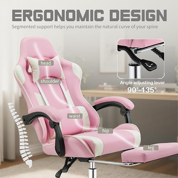 edx Ergonomic Gaming Chair PU Leather Office Computer Chair with Footrest Headrest Linkage Armrests Height Adjustable 360° Swivel Reclining (Pink)
