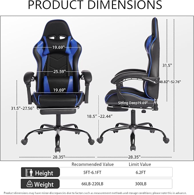 Gaming Chair with Footrest Ergonomic Computer Gaming Chair with Massage Lumbar Support Reclining High Back Gamer Seat for Adults Office Red and Black