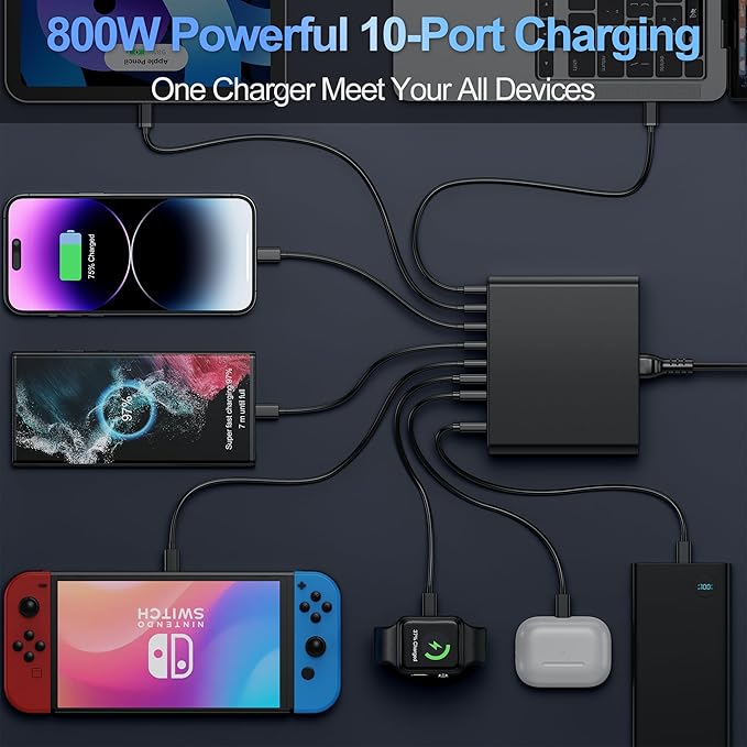 800W USB C Charger Block10-Port Charging Station GaN Fast Charging Type C &amp USB A Wall Charger Adapter for MacBook Pro/AiriPhoneiPadDell XPSSamsung Galaxy (Bright Black)