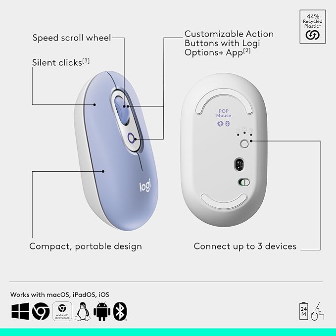 Logitech POP Mouse Compact and Portable Wireless Bluetooth Mouse with Programmable Buttons and Quiet Clicks Easy-Switch Between up to 3 Devices Laptop Tablet PC - Lilac