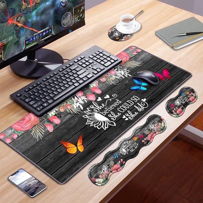 Ergonomic Keyboard Wrist Rest and Mouse Pad Wrist Rest Set Large XXL Gaming Desk Mat 31.5x 11.8Non-Slip Base Memory FoamEasy Typing Pain Relief Floral Quote She Believed She Could So She Did
