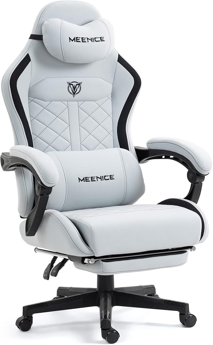 Big and Tall Gaming Chair Fabric with Pocket Spring Cushion High Back Heavy Duty Gaming Chairs for Adults with Massage Lumbar Support Ergonomic Computer Chair with Footrest for 400LBS Gray