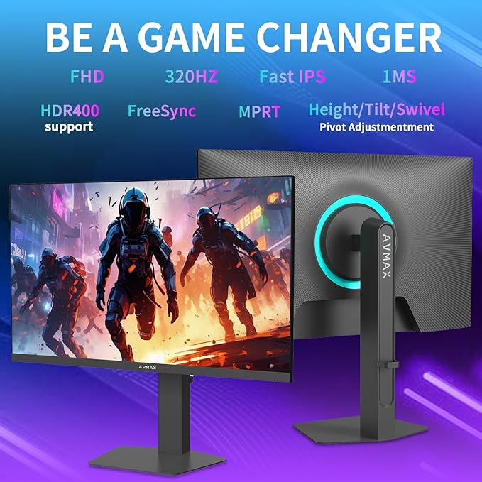 AVMAX 24.5 Inch Gaming Monitor 320Hz/300Hz/240HzFHD1920X1080 Fast IPSAdaptive FreeSync90% DCI-P3HDR400 SupportErgoStand 2XDP1.4&amp2XHDMI2.1M253B