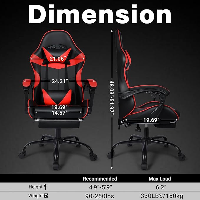 Gaming Chair Ergonomic Computer Chair with Footrest and Lumbar Support Height Adjustable Office Chair with 360° Swivel Seat and Headrest (Red &amp Black)