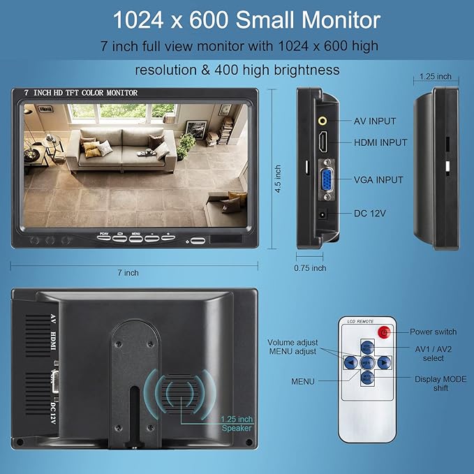 7 inch Portable Small HD 1080P VGA Monitor Mini Screen 1024x600 HDMI/VGA/AV Input with Speakers