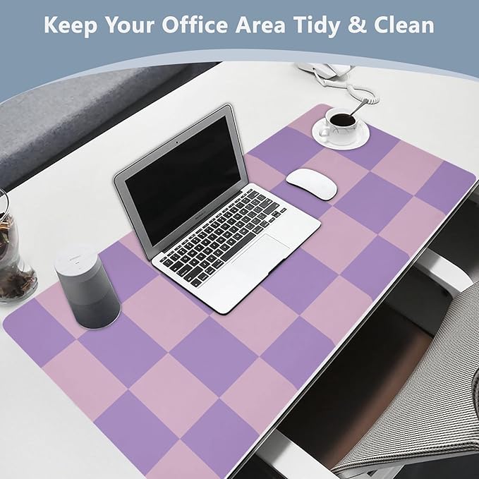 Mouse Pad Desk Mat Leather Desk Pad Large Gaming Desk Cover Protector Mat for Keyboard Computer Laptop Office Waterproof 35.4 x 16.5 Inch Checkered Purple
