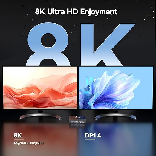 8K Displayport KVM Switch 2 Monitors 2 Computers 8K@30Hz 4K@144HzMLEEDA Dual Monitor KVM Switches with 4 USB 3.0 Ports for Keyboard Mouse USB PeripheralsWired Remote and 2 USB Cables Included