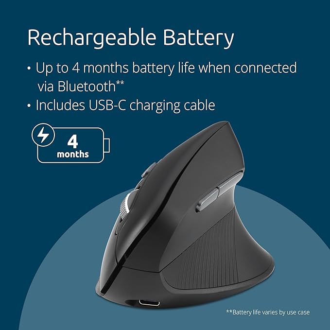 Kensington MY630 EQ Wireless Rechargeable Mouse Ergonomic Vertical Design Bluetooth LE 2.4GHz Black (K72484NA)