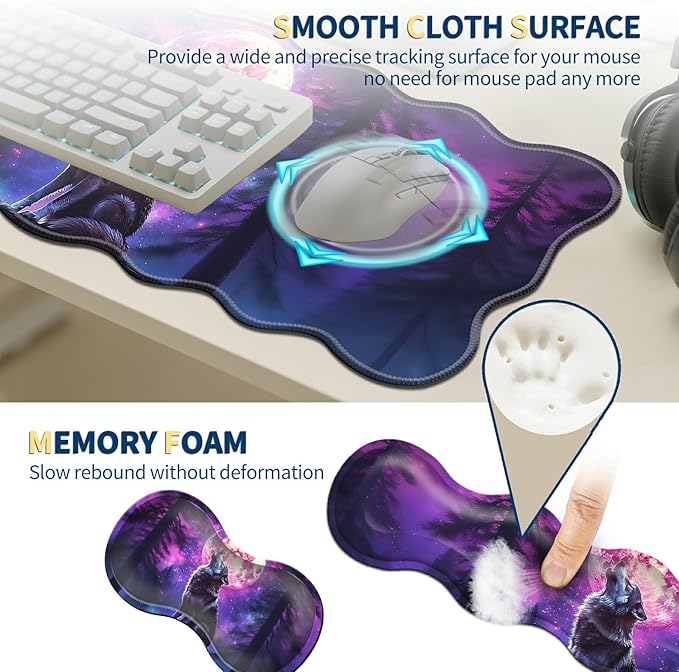 4-Piece XXL Gaming Mouse Pad Set (31.5x11.8) with Keyboard Wrist RestMouse Wrist Support &amp CoasterErgonomic Non-Slip Desk Mat for Office &amp HomeMoon Wolf Howling