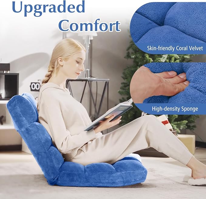 14-Position Lazy Sofa Chair with Soft Coral Fleece Folding Gaming Chair Couch Recliner Floor Seat for Reading Meditating Yoga (Blue)