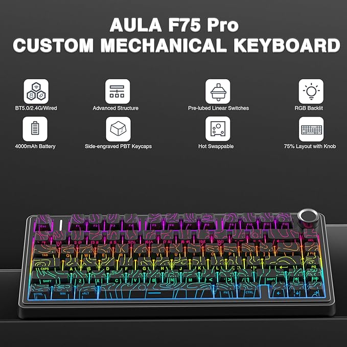 AULA F75 Pro Wireless Mechanical Keyboard with Knob75% Hot Swappable Custom Gaming KeyboardsRGB BacklitPre-lubed SwitchesSide Printed PBT Keycaps Creamy Sounding Computer Keyboard Line Black