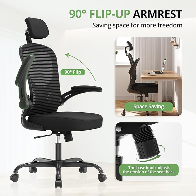 Office Chair Ergonomic Desk Chair 330LBS Capacity High Back Computer Chair for Long Hours Comfortable Rolling Swivel Executive Task Chair for Home Office with Flip-up Armrests Black