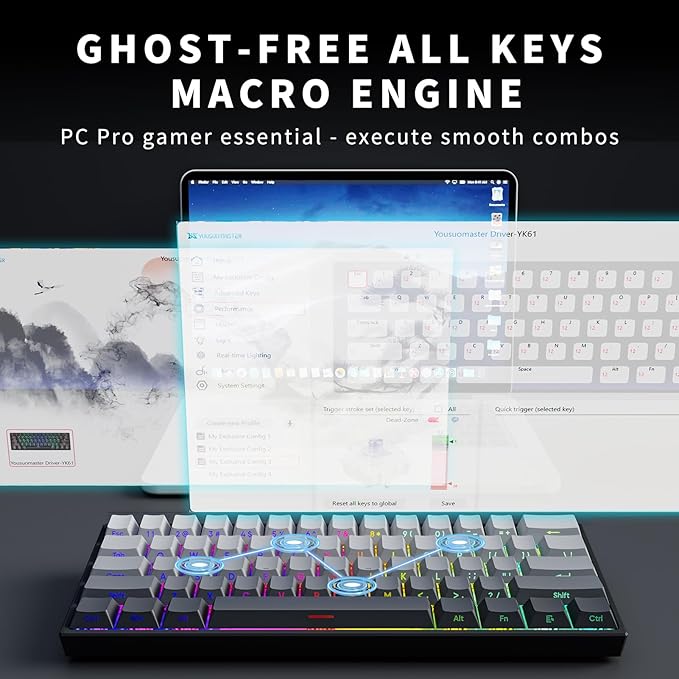 Mini 60% Mechanical Gaming Keyboard Wired YK61 Hall Effect Magnetic Switch Adjustable Actuation Rapid Trigger Mode 8K Hz Polling Rate Hot-Swap 61 Keys RGB Backlit Side Printed PBT Keycaps