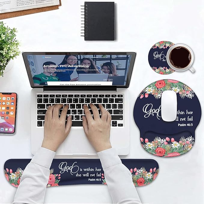 Keyboard Wrist Rest and Mouse Pad Wrist Rest Support Set Non-Slip PU Base for Gaming and Office Comfortable &amp Lightweight for Easy Typing &amp Pain Relief Floral Quote Bible Verses Psalm 46:5
