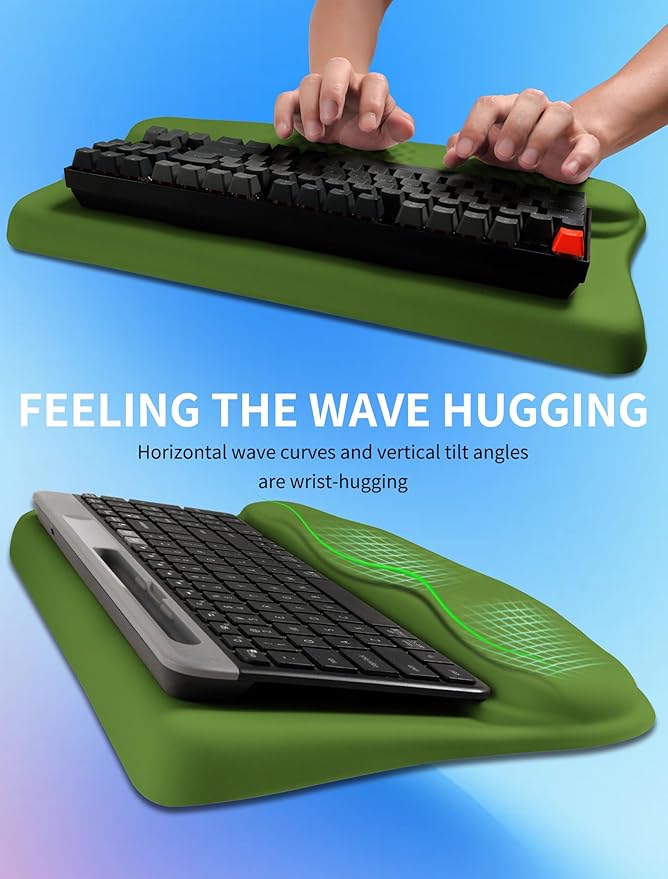 Ergonomic Wave Wrist Rest with Keyboard Stand Cushioned Palm Rest Comfortable Integrated Memory Foam for Natural Typing and Relieve Wrist Pain Fresh Green
