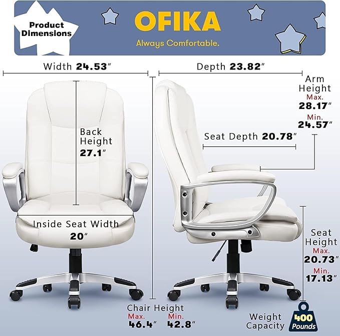 OFIKA Home Office Chair 400LBS Big and Tall Chair Heavy Duty Design Ergonomic High Back Cushion Lumbar Back Support Computer Desk Chair Adjustable Executive Leather Chair with Armrest