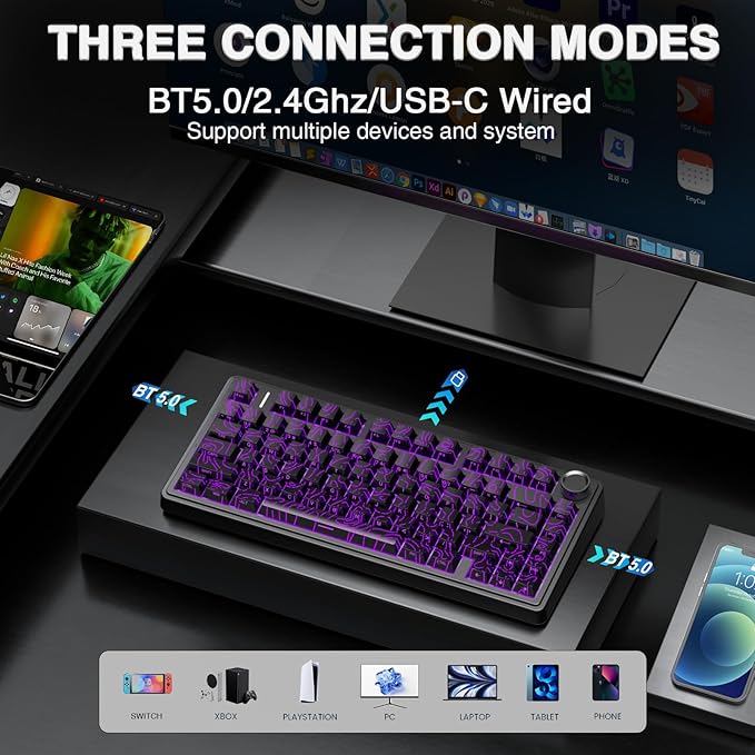 AULA F75 Pro Wireless Mechanical Keyboard with Knob75% Hot Swappable Custom Gaming KeyboardsRGB BacklitPre-lubed SwitchesSide Printed PBT Keycaps Creamy Sounding Computer Keyboard Line Black