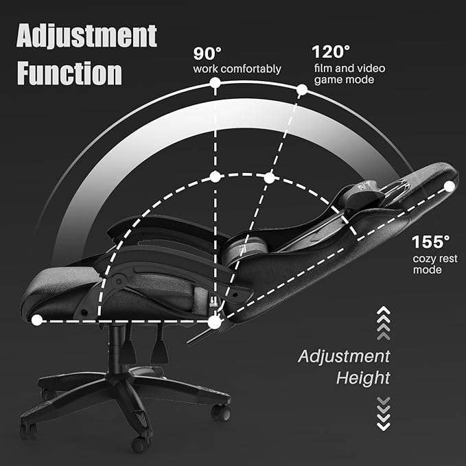 Gaming Chair High Back Ergonomic Computer Gamer Chair with Headrest and Lumbar Support Racing Style Reclining Game Chair for Adults Kids (Black)