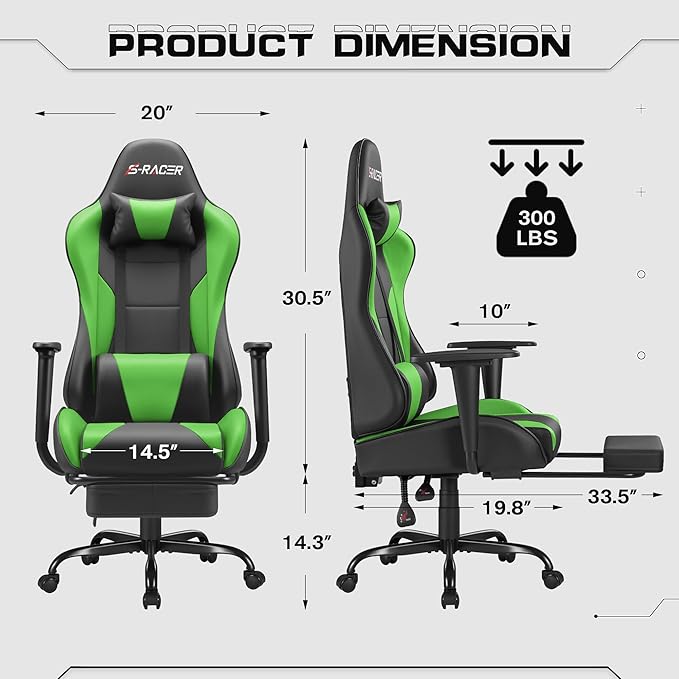 Homall Gaming Chairs Computer Chair with Footrest and Massage Lumbar Support Height Adjustable Game Chair with Headrest and Swivel Seat (Light Green)