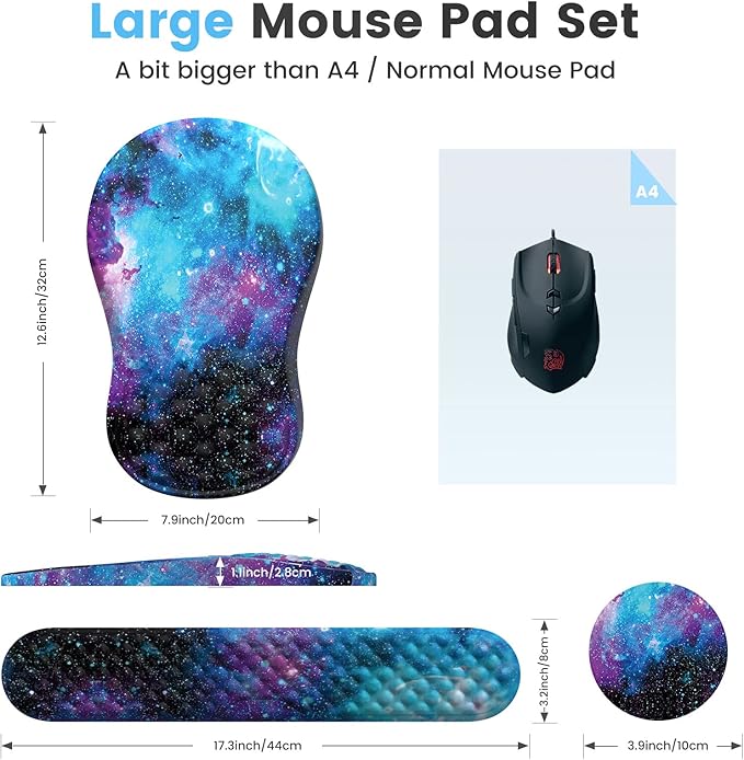 HAOCOO Ergonomic Mouse Pad with Wrist Rest Keyboard Wrist Rest Pad 3 PCS Computer Mouse Pad Sets for Desk Memory Foam Mousepad with Wrist Support for Office Gaming Laptop Galaxy Purple