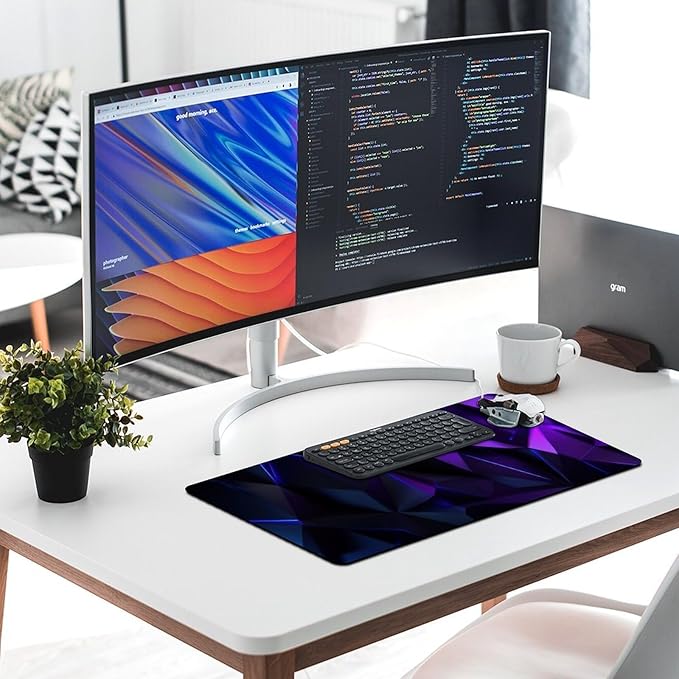 Geometric Neon Blue Purple Gaming Mouse Pad Non-Slip Rubber Base XXL Mousepad with Stitched EdgesWaterproof Washable Mouse Mat for Desk Home Office Gaming 29.5x16