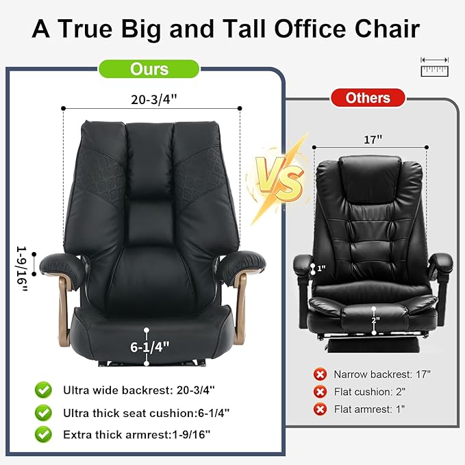 Big and Tall Executive Office Chair with Footrest 400LBS Capacity Ergonomic High-Back Desk Office Chair with Lumbar Support Padded Armrests &amp Thick Cushion Black PU Leather Chairs