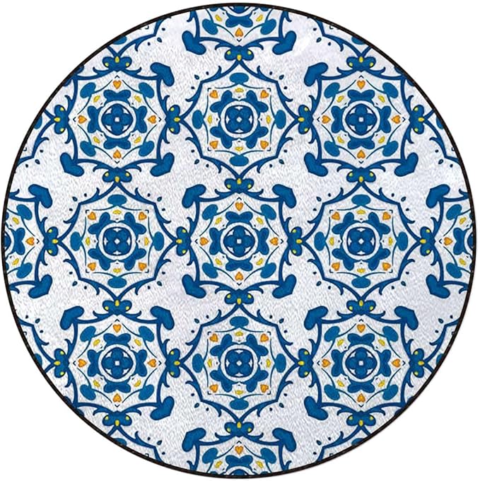 Blue Orange Yellow Gaming Chair Mat Round Floor Mats for Office Chair Computer Gaming Desk Mat for Rolling Chair Non-Slip Gaming Rug Abstract Floral Swirl Motifs Diameter 55 in